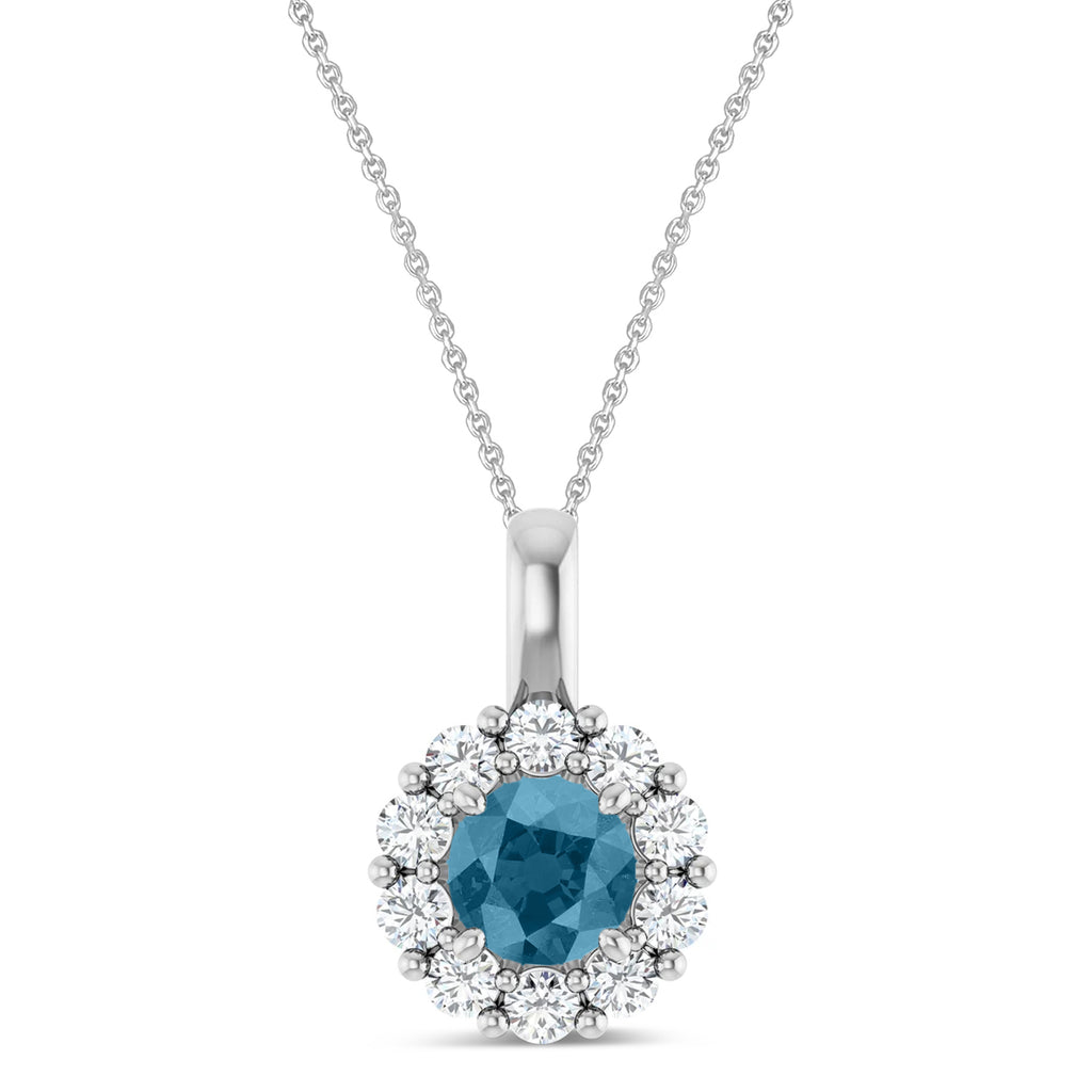 Round Lab Aquamarine & Diamond Halo Pendant 14K White Gold (0.73ct)