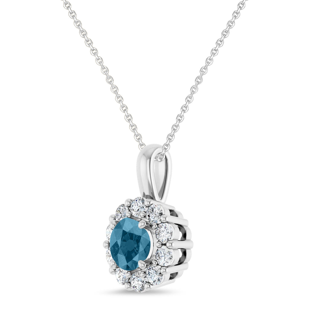 Round Lab Aquamarine & Diamond Halo Pendant 14K White Gold (0.73ct)