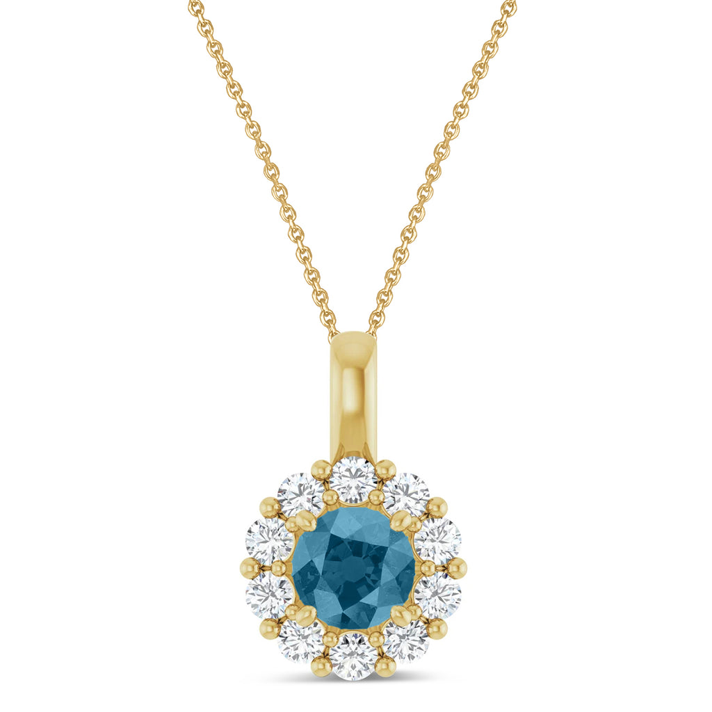 Round Lab Aquamarine & Diamond Halo Pendant 14K Yellow Gold (0.73ct)