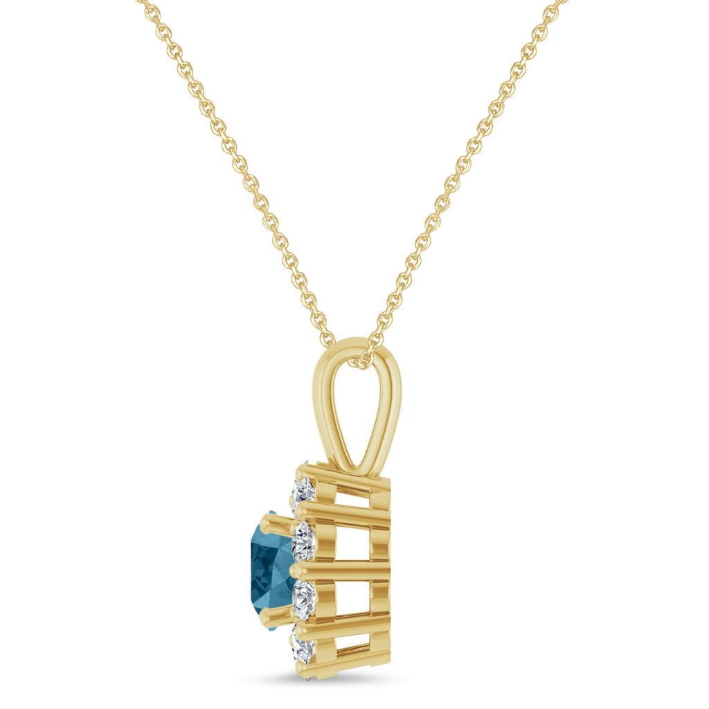 Round Lab Aquamarine & Diamond Halo Pendant 14K Yellow Gold (0.73ct)