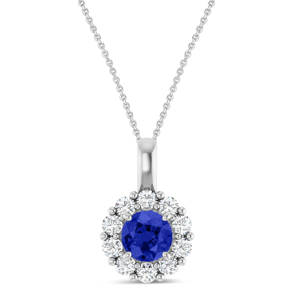 Round Lab Blue Sapphire & Diamond Halo Pendant 14K White Gold (0.92ct)