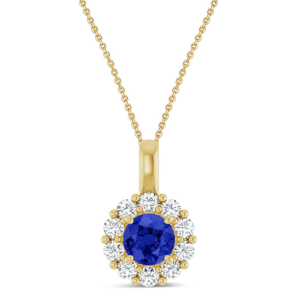 Round Lab Blue Sapphire & Diamond Halo Pendant 14K Yellow Gold (0.92ct)