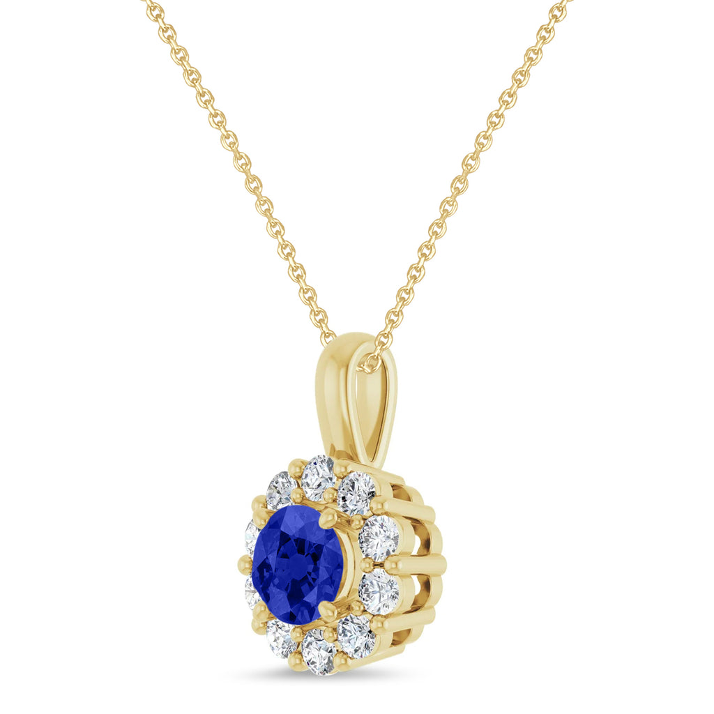 Round Lab Blue Sapphire & Diamond Halo Pendant 14K Yellow Gold (0.92ct)