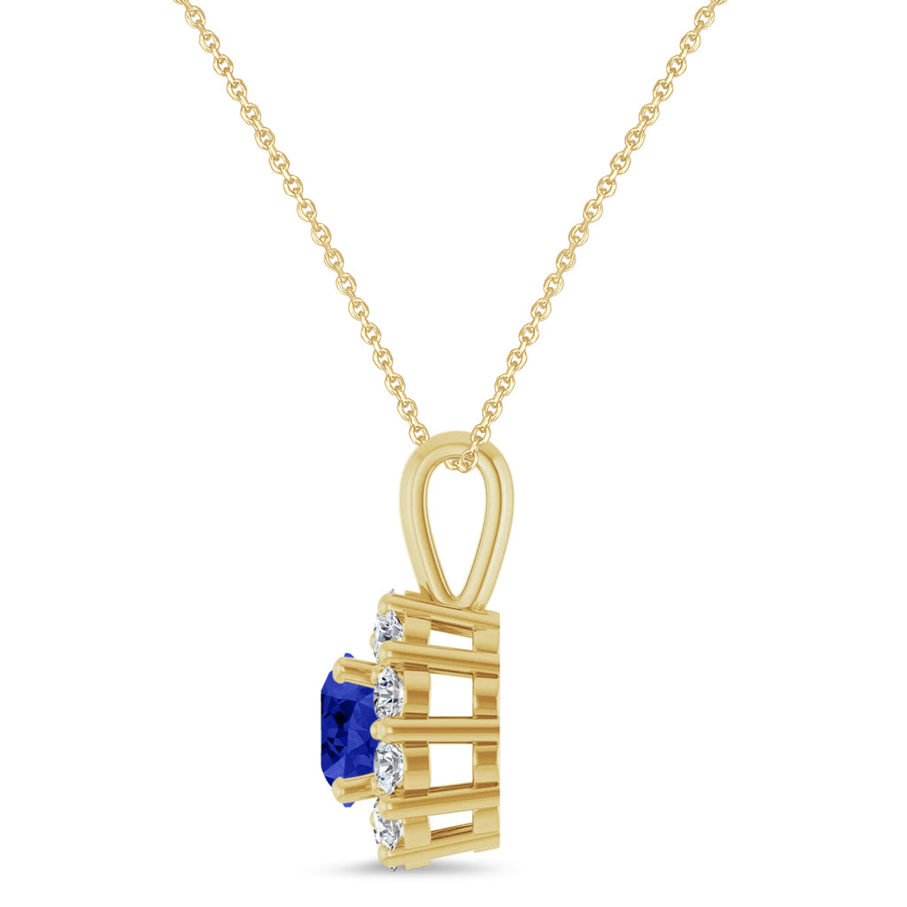Round Lab Blue Sapphire & Diamond Halo Pendant 14K Yellow Gold (0.92ct)
