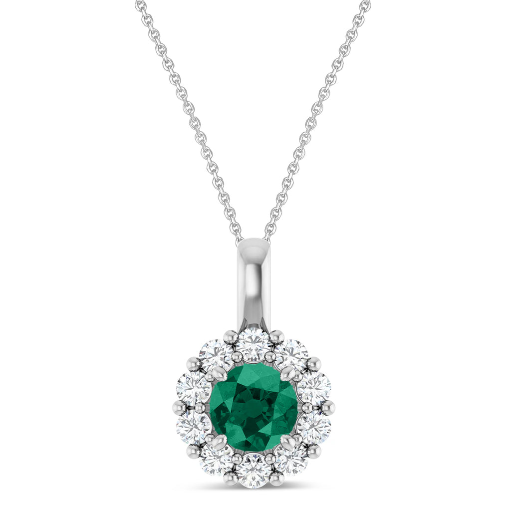 Round Lab Emerald & Diamond Halo Pendant 14K White Gold (0.72ct)