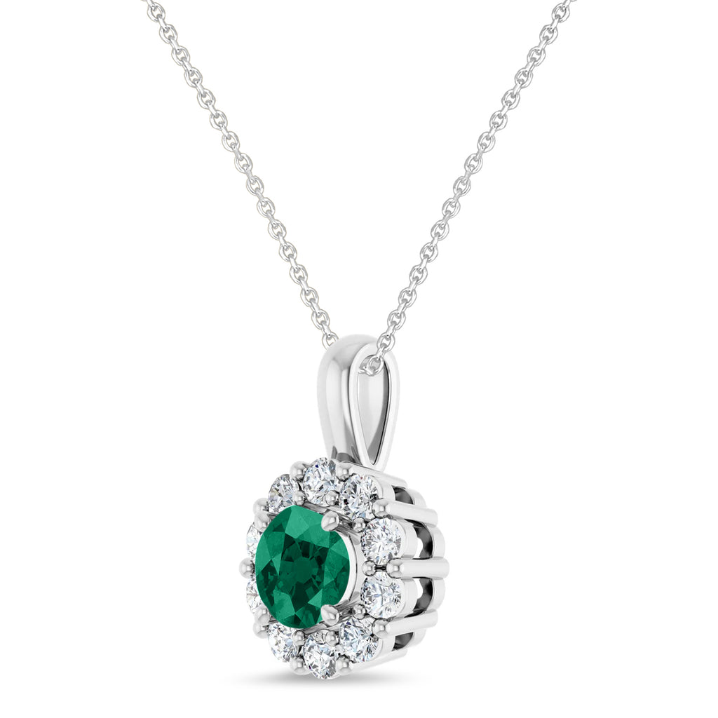 Round Lab Emerald & Diamond Halo Pendant 14K White Gold (0.72ct)