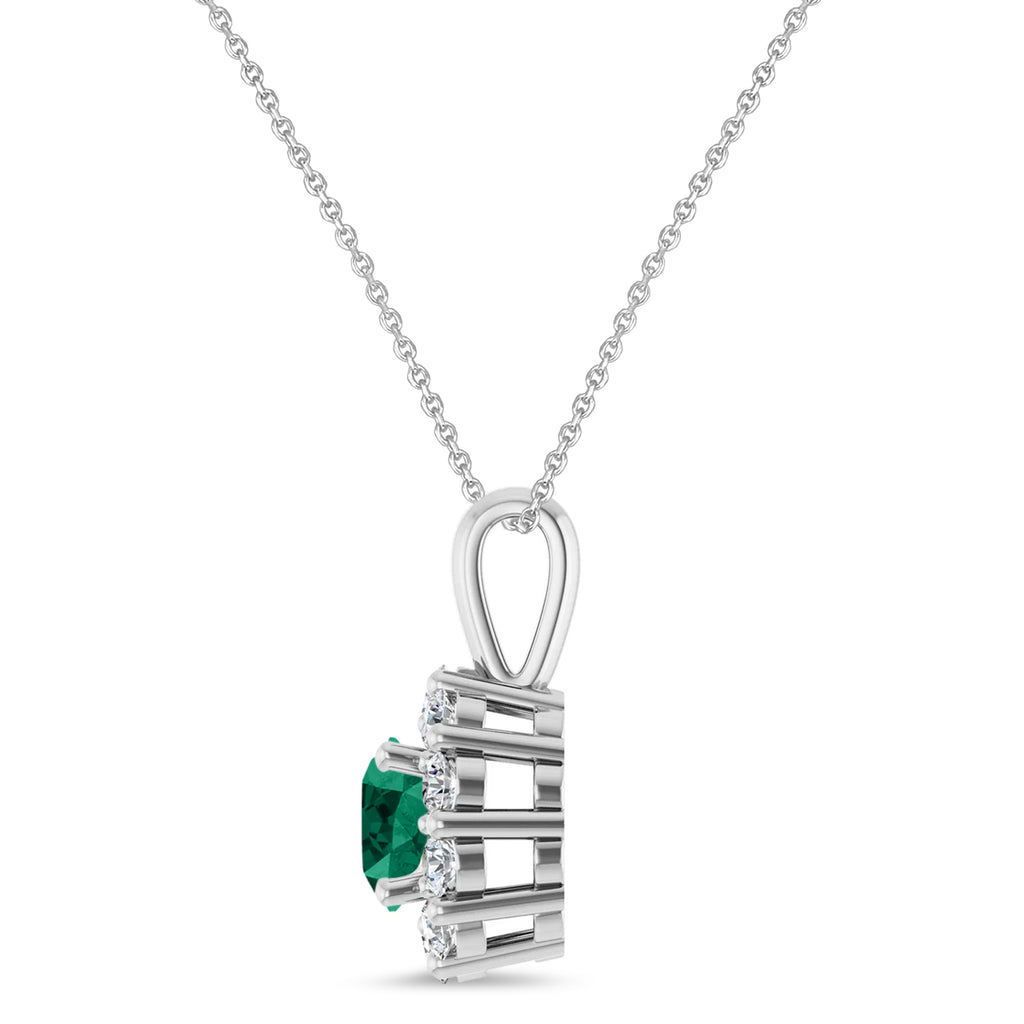 Round Lab Emerald & Diamond Halo Pendant 14K White Gold (0.72ct)