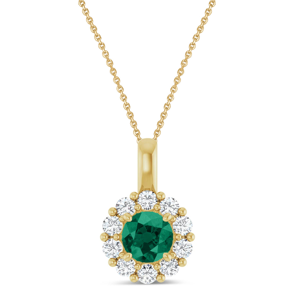 Round Lab Emerald & Diamond Halo Pendant 14K Yellow Gold (0.72ct)