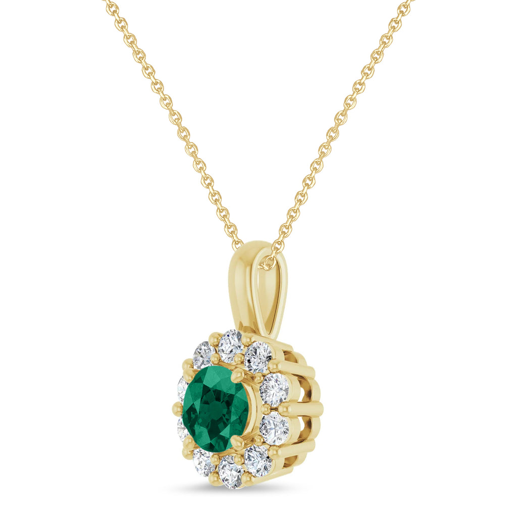 Round Lab Emerald & Diamond Halo Pendant 14K Yellow Gold (0.72ct)