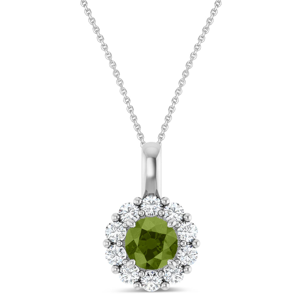 Round Lab Peridot & Diamond Halo Pendant 14K White Gold (0.81ct)