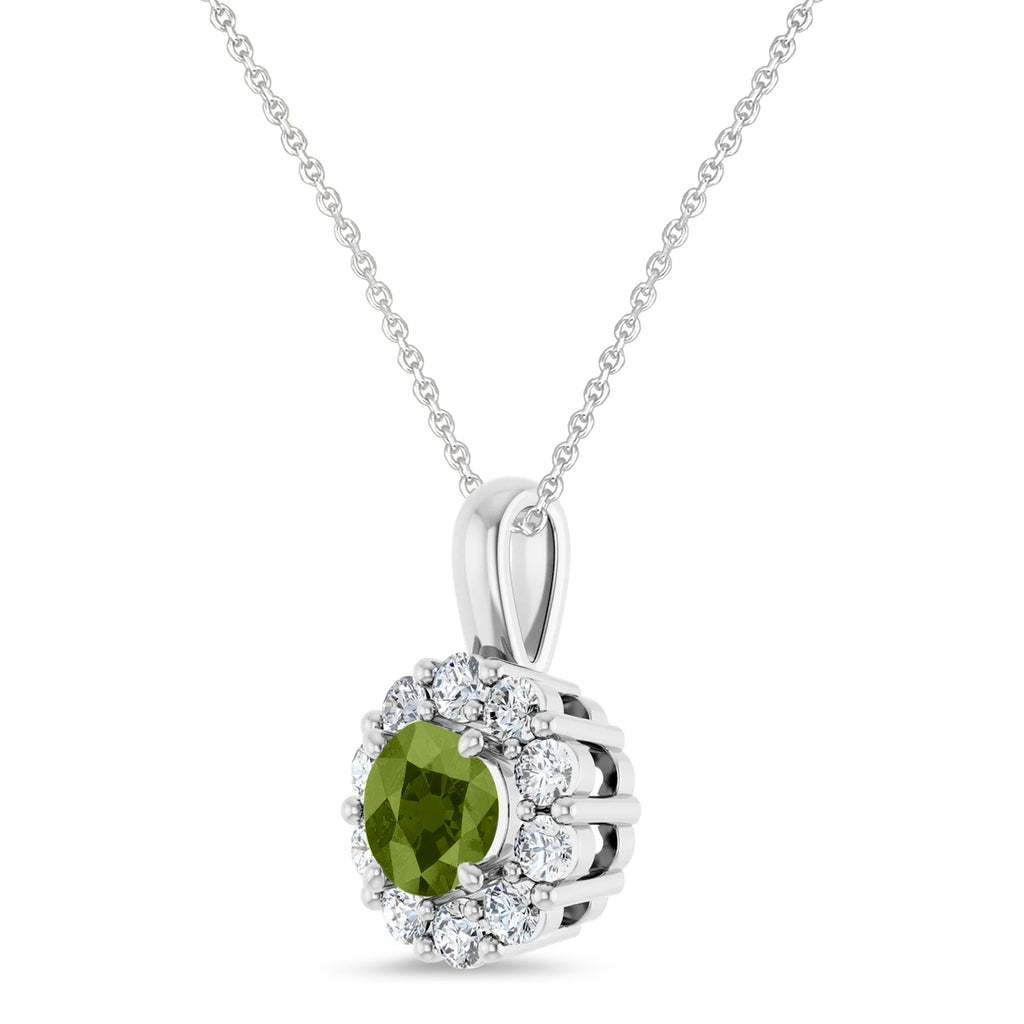 Round Lab Peridot & Diamond Halo Pendant 14K White Gold (0.81ct)