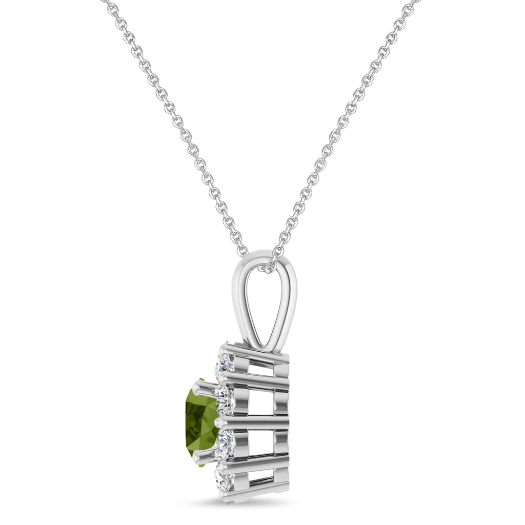 Round Lab Peridot & Diamond Halo Pendant 14K White Gold (0.81ct)