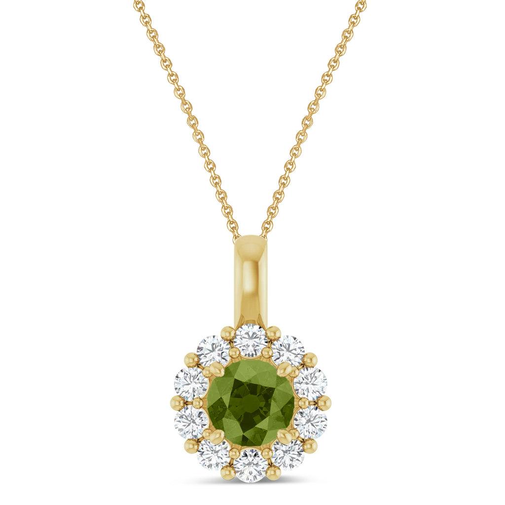 Round Lab Peridot & Diamond Halo Pendant 14K Yellow Gold (0.81ct)