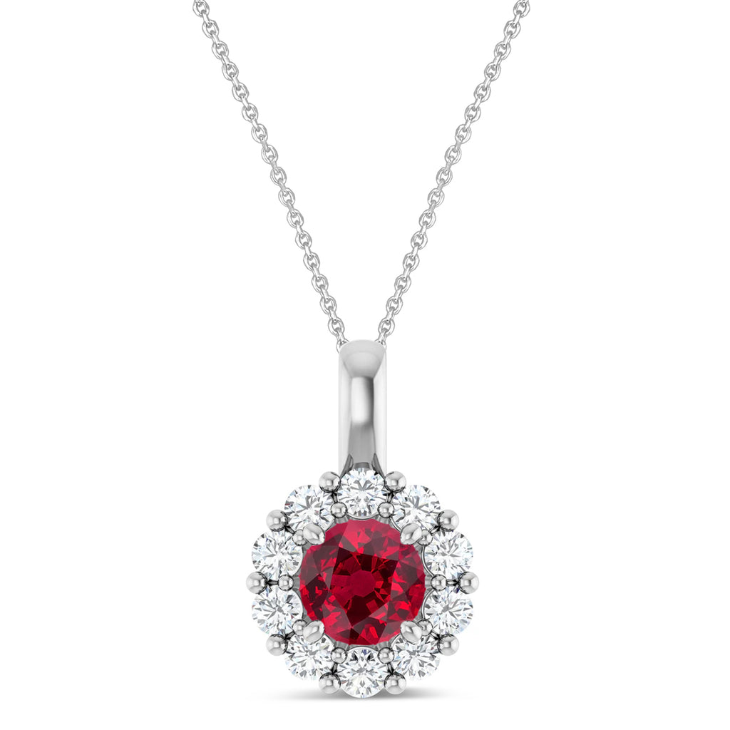 Round Lab Ruby & Diamond Halo Pendant 14K White Gold (0.95ct)