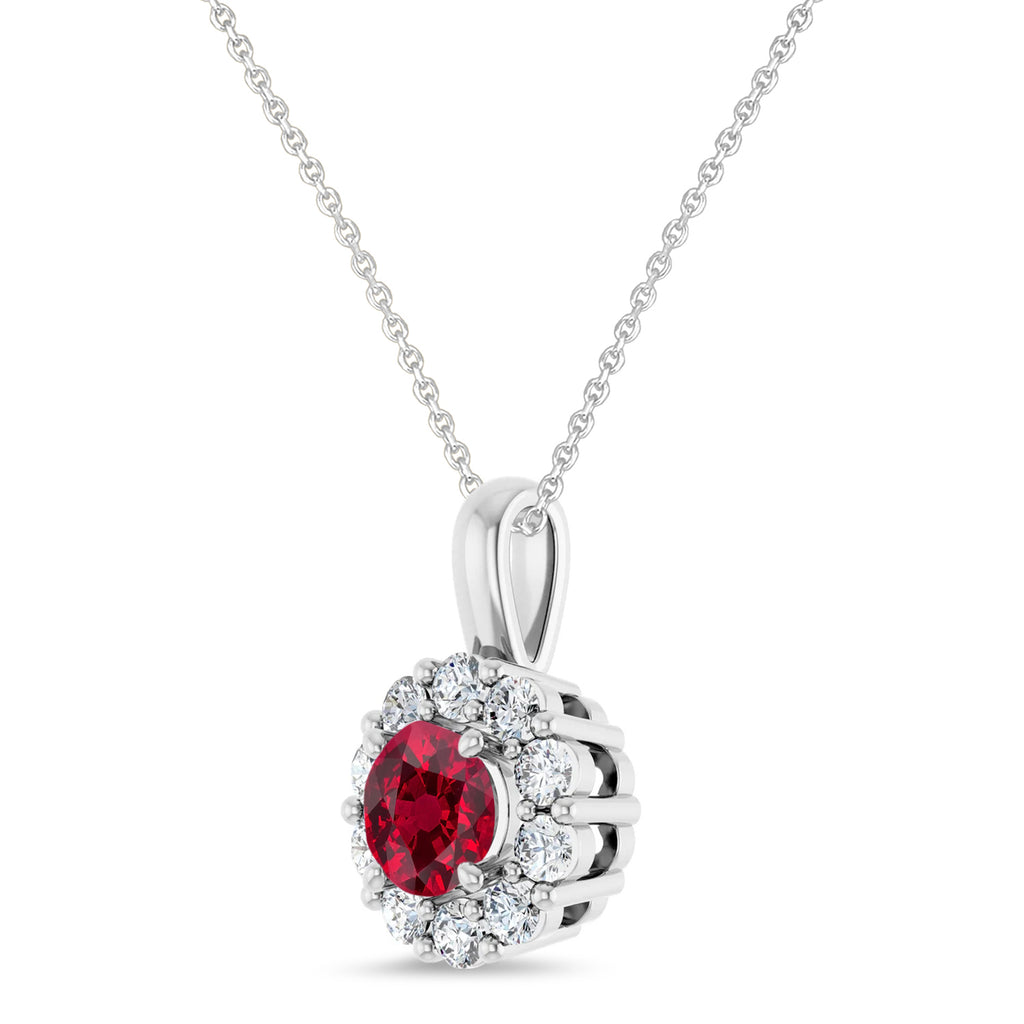 Round Lab Ruby & Diamond Halo Pendant 14K White Gold (0.95ct)
