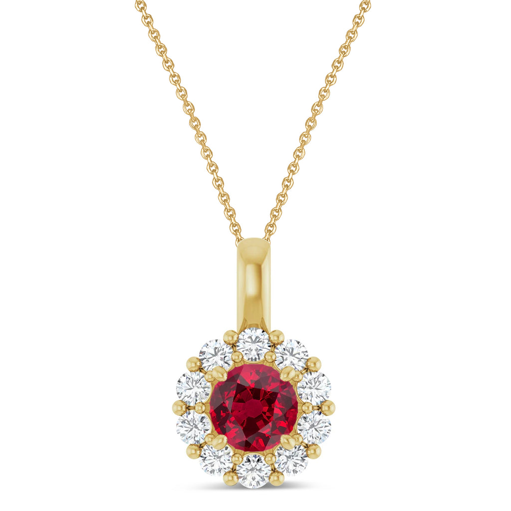 Round Lab Ruby & Diamond Halo Pendant 14K Yellow Gold (0.95ct)