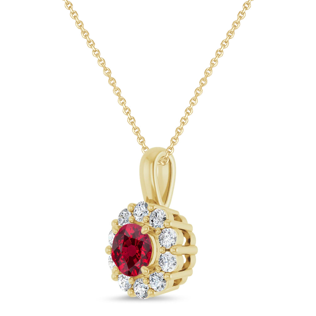 Round Lab Ruby & Diamond Halo Pendant 14K Yellow Gold (0.95ct)