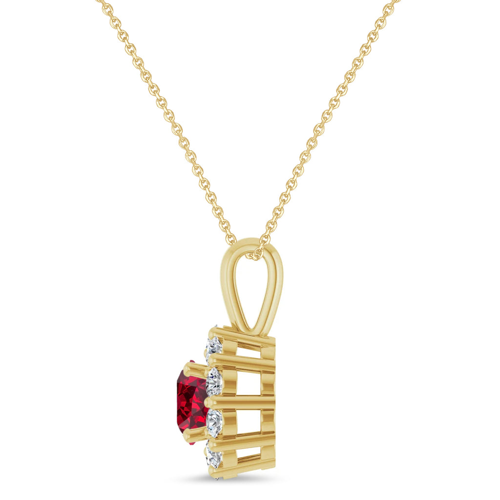 Round Lab Ruby & Diamond Halo Pendant 14K Yellow Gold (0.95ct)