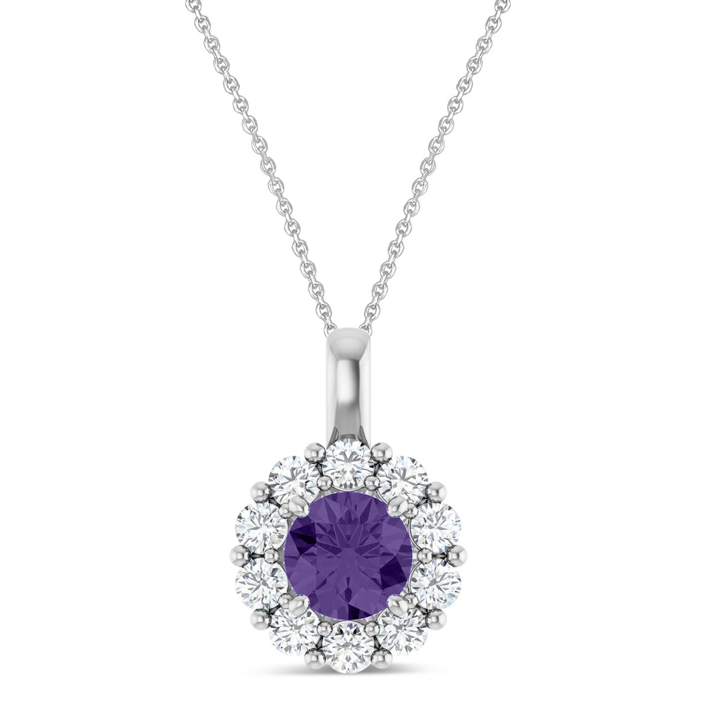 Round Lab Amethyst & Diamond Halo Pendant 14K White Gold (1.02ct)