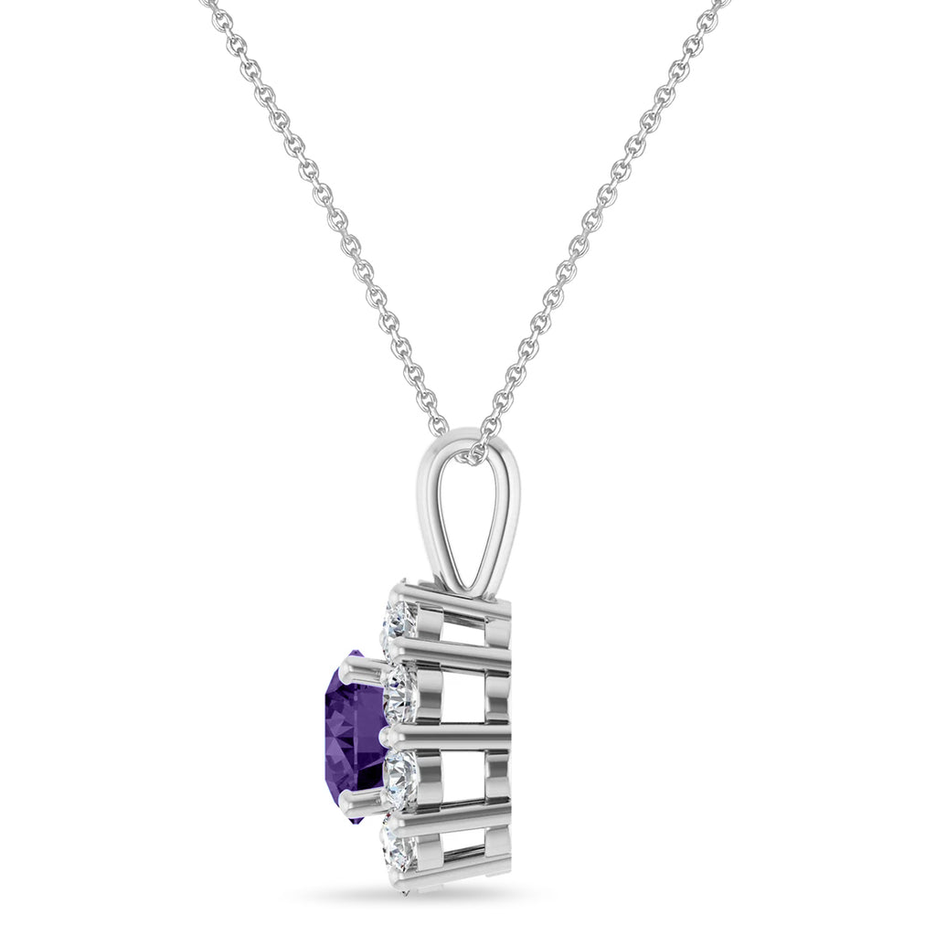 Round Lab Amethyst & Diamond Halo Pendant 14K White Gold (1.02ct)