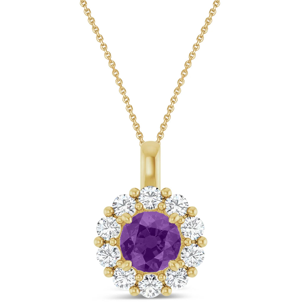 Round Lab Amethyst & Diamond Halo Pendant 14K Yellow Gold (1.02ct)