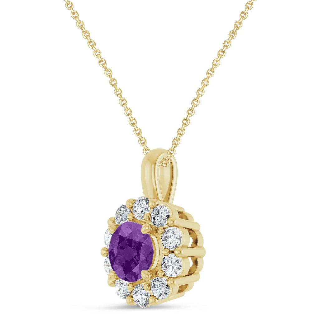 Round Lab Amethyst & Diamond Halo Pendant 14K Yellow Gold (1.02ct)