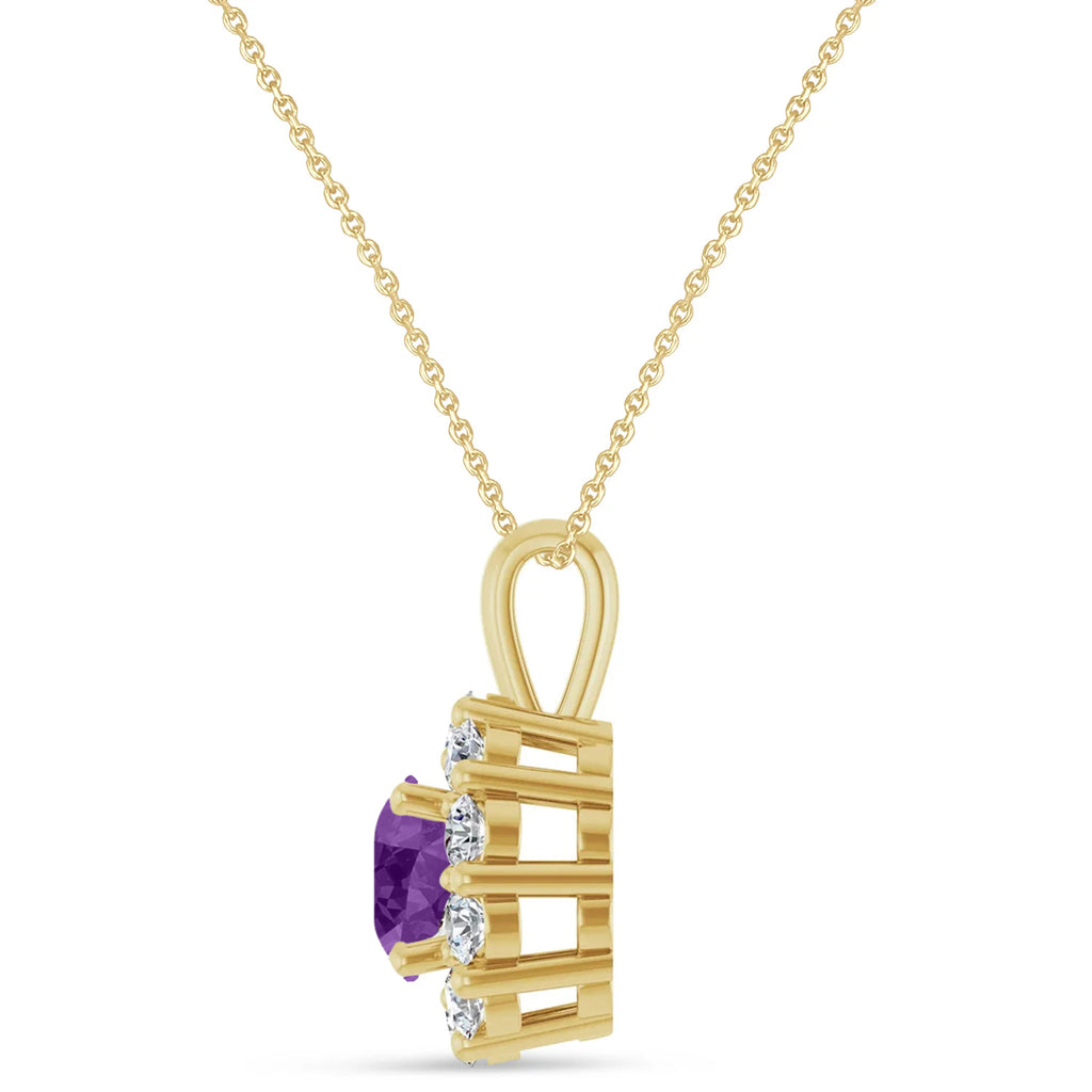 Round Lab Amethyst & Diamond Halo Pendant 14K Yellow Gold (1.02ct)