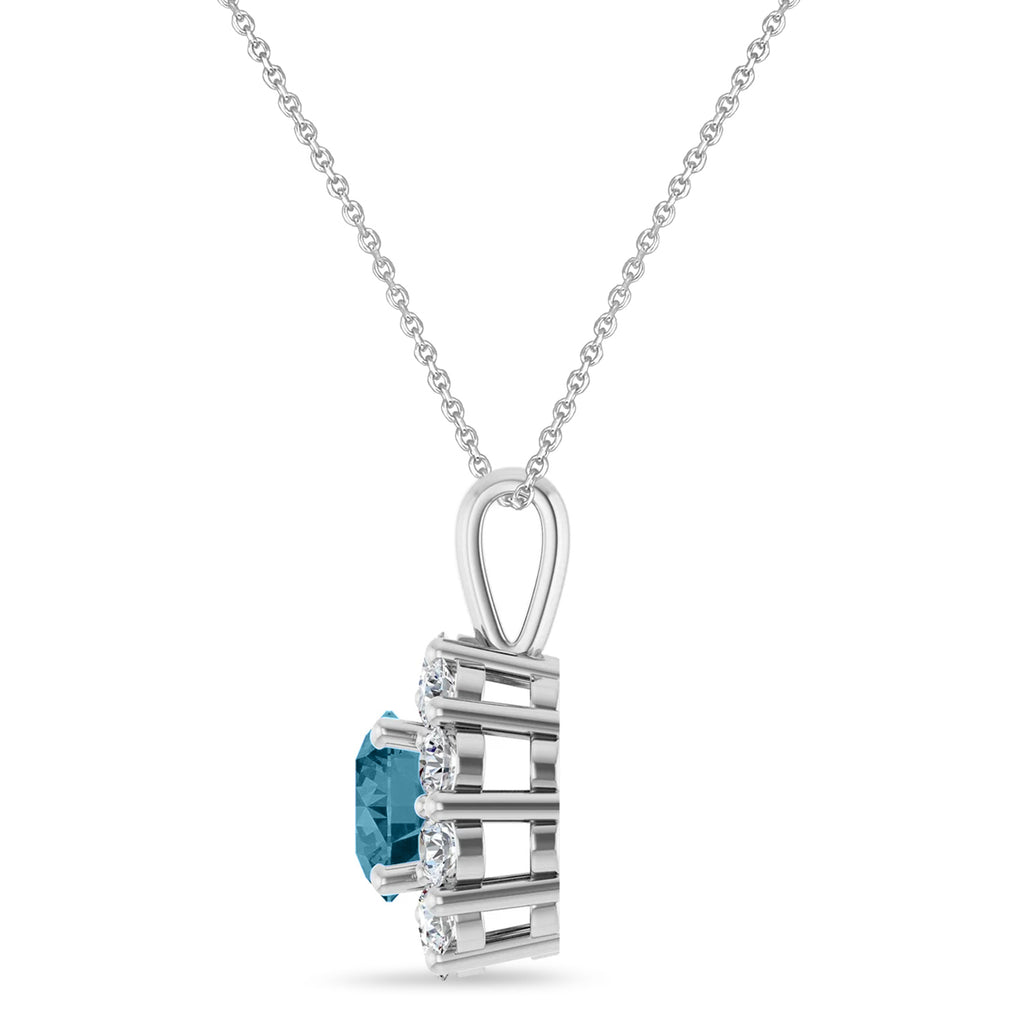 Round Lab Aquamarine & Diamond Halo Pendant 14K White Gold (0.95ct)