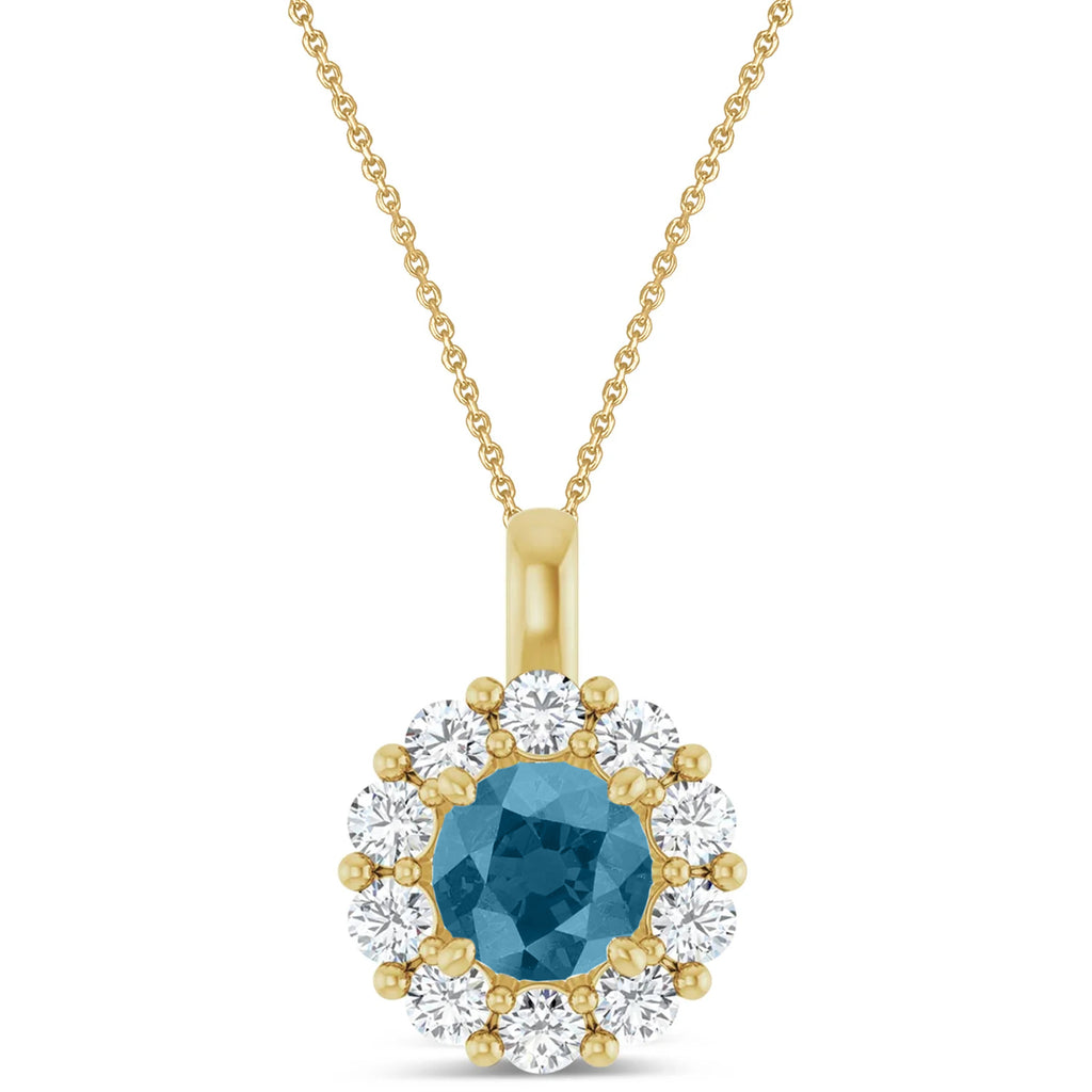Round Lab Aquamarine & Diamond Halo Pendant 14K Yellow Gold (0.95ct)