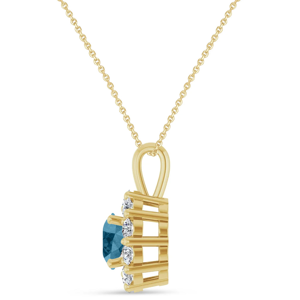 Round Lab Aquamarine & Diamond Halo Pendant 14K Yellow Gold (0.95ct)