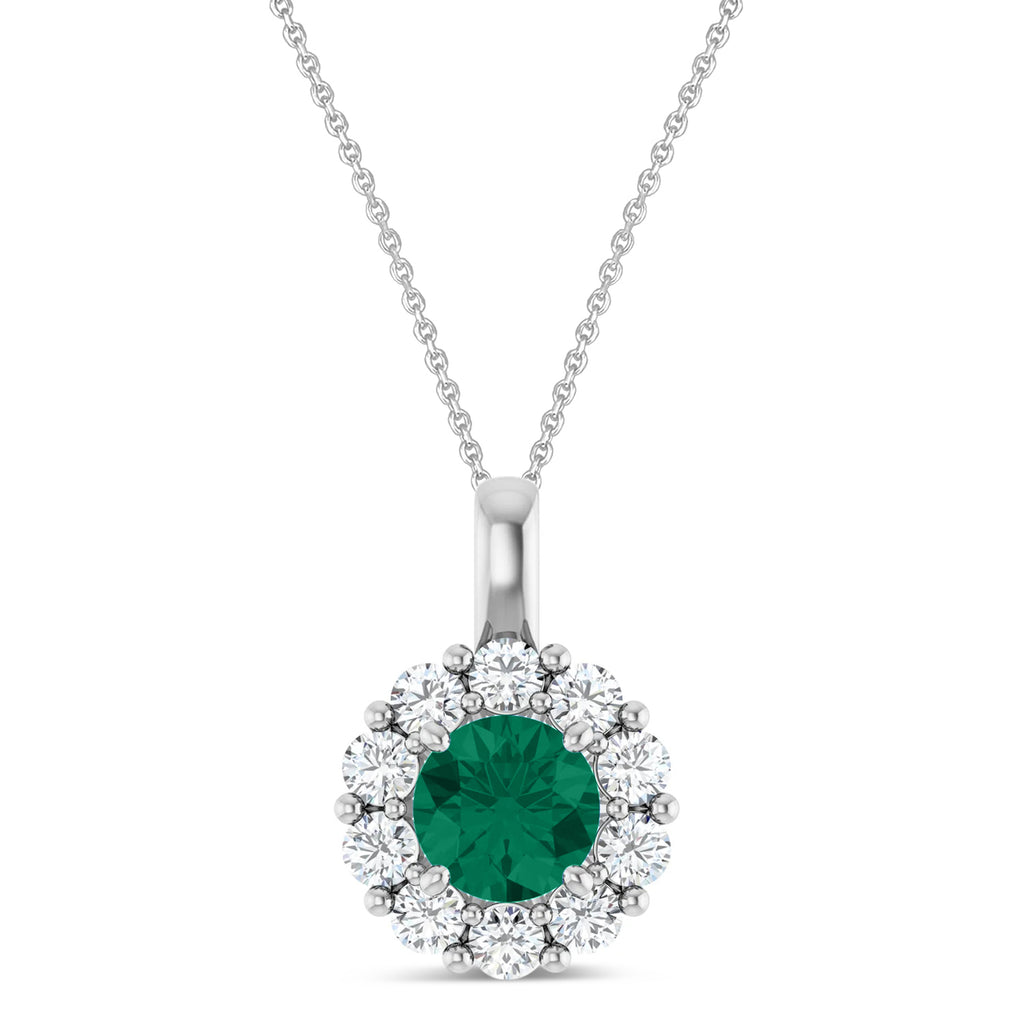 Round Lab Emerald & Diamond Halo Pendant 14K White Gold (0.97ct)