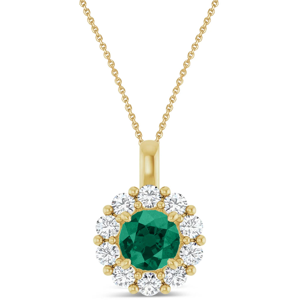 Round Lab Emerald & Diamond Halo Pendant 14K Yellow Gold (0.97ct)