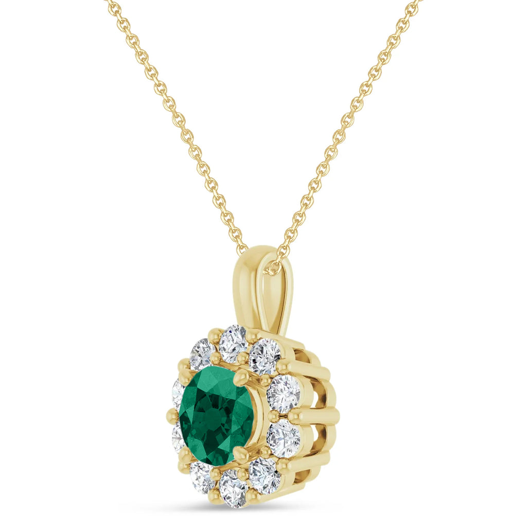 Round Lab Emerald & Diamond Halo Pendant 14K Yellow Gold (0.97ct)