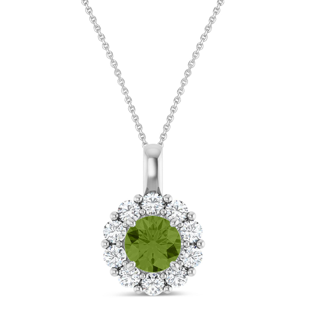Round Lab Peridot & Diamond Halo Pendant 14K White Gold (1.10ct)