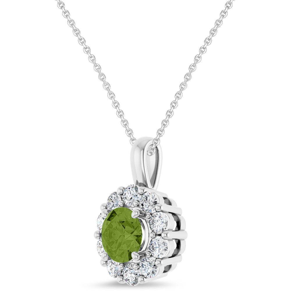 Round Lab Peridot & Diamond Halo Pendant 14K White Gold (1.10ct)
