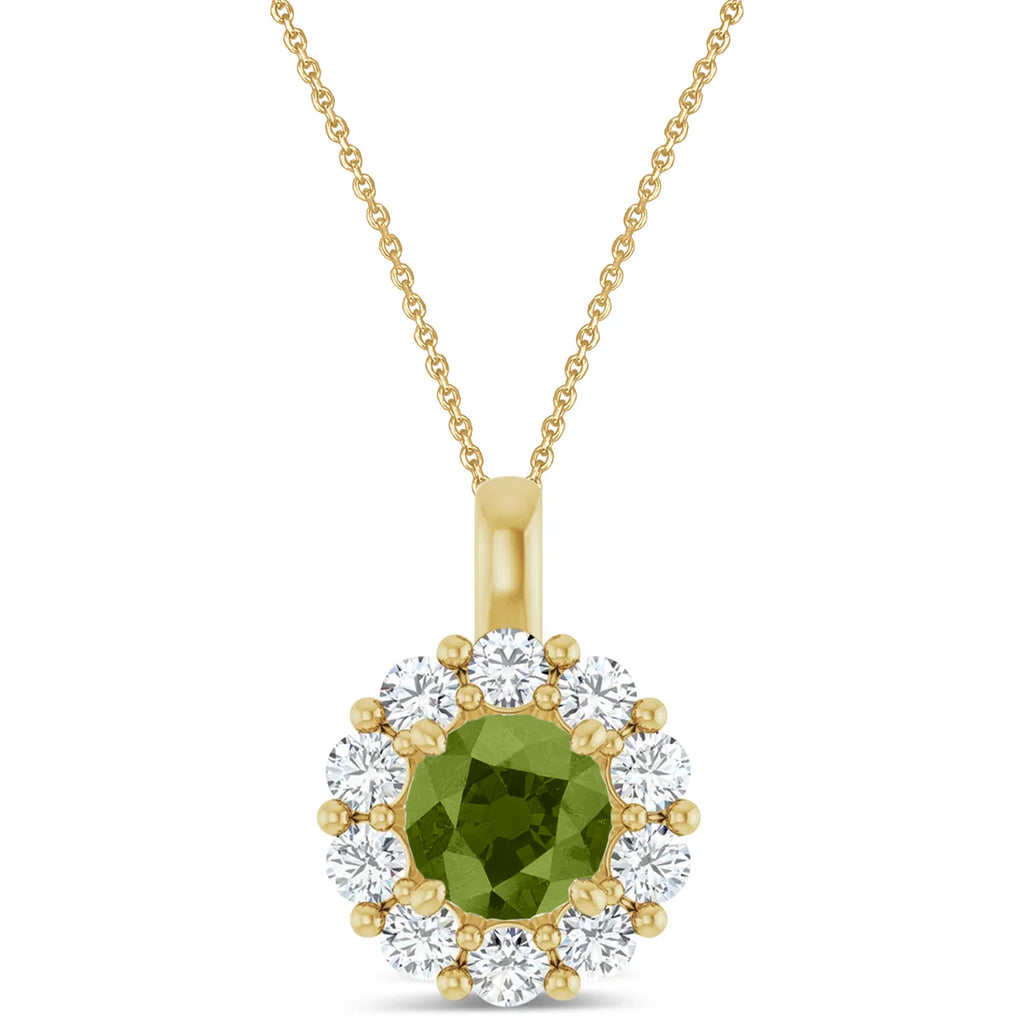 Round Lab Peridot & Diamond Halo Pendant 14K Yellow Gold (1.45ct)