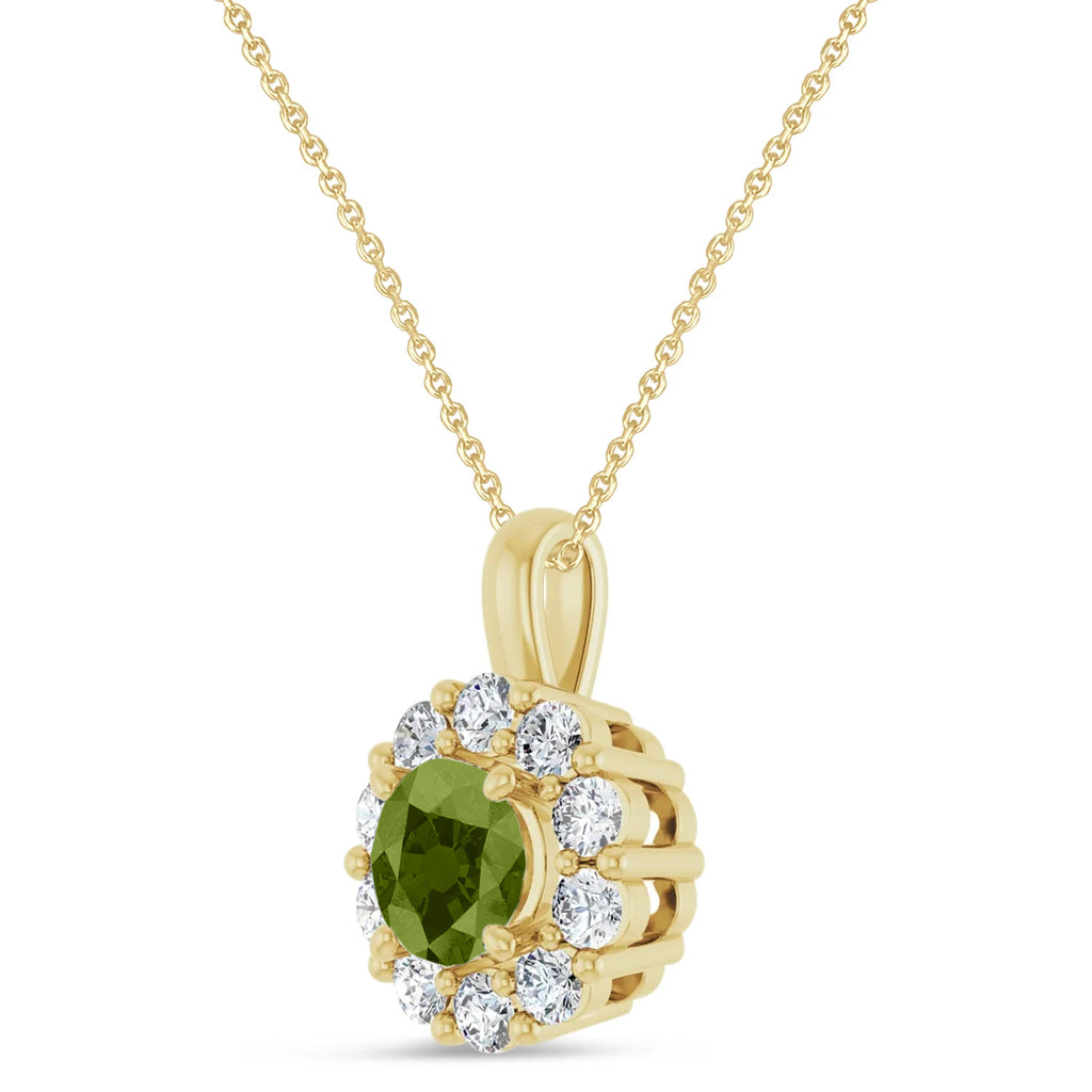 Round Lab Peridot & Diamond Halo Pendant 14K Yellow Gold (1.45ct)