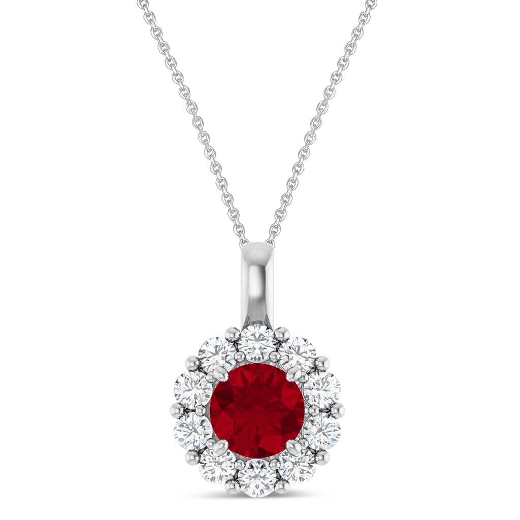 Round Lab Ruby & Diamond Halo Pendant 14K White Gold (1.31ct)