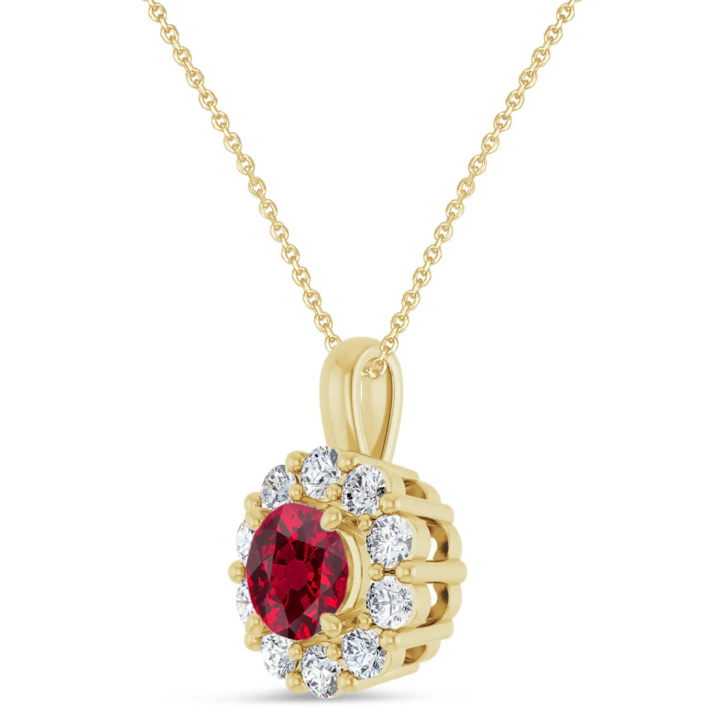 Round Lab Ruby & Diamond Halo Pendant 14K Yellow Gold (1.31ct)