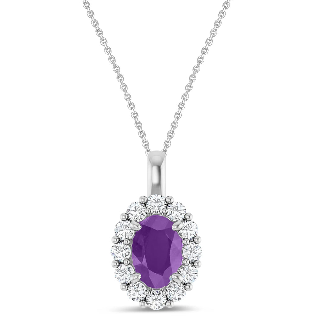 Oval Lab Amethyst & Diamond Halo Pendant 14K White Gold (1.12ct)