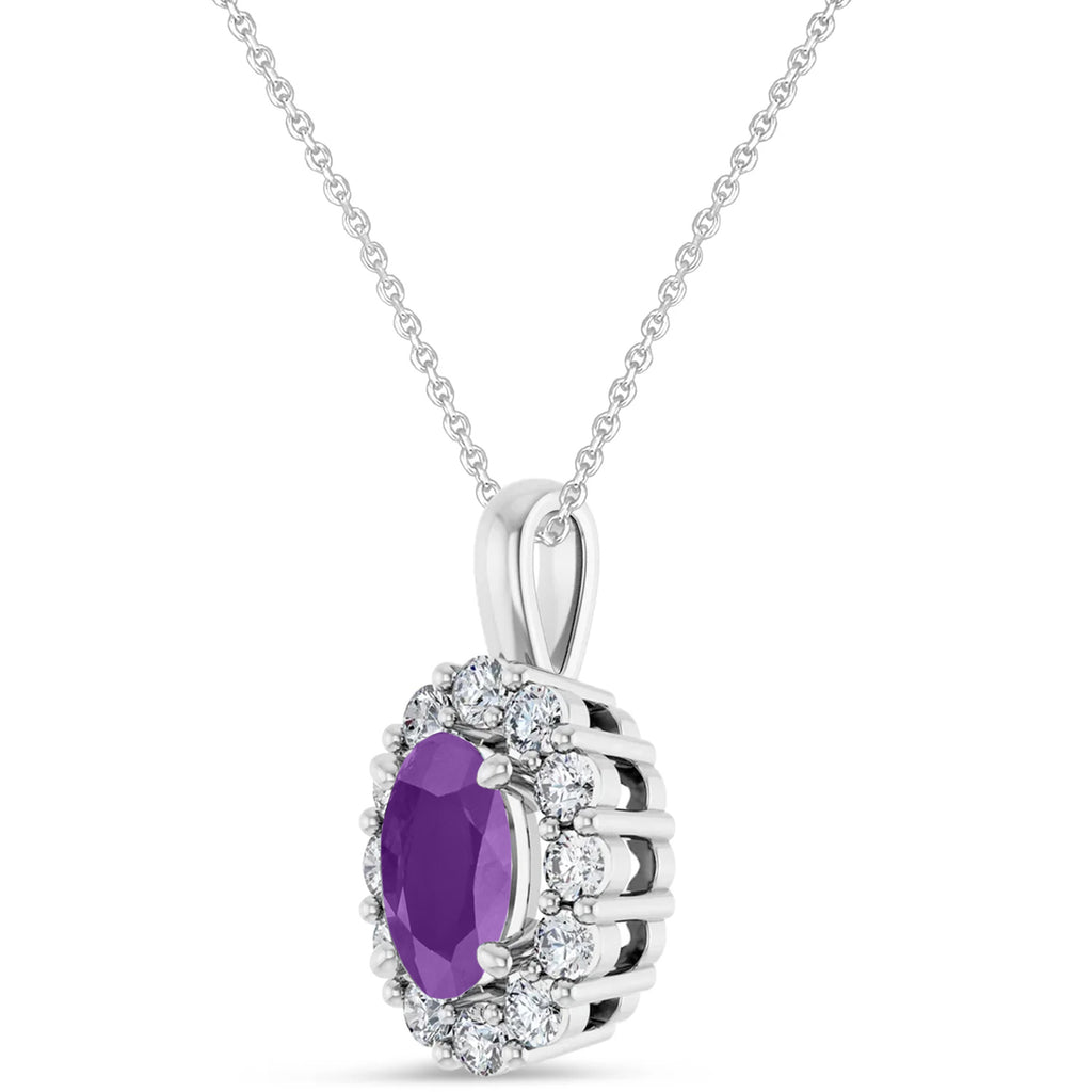 Oval Lab Amethyst & Diamond Halo Pendant 14K White Gold (1.12ct)
