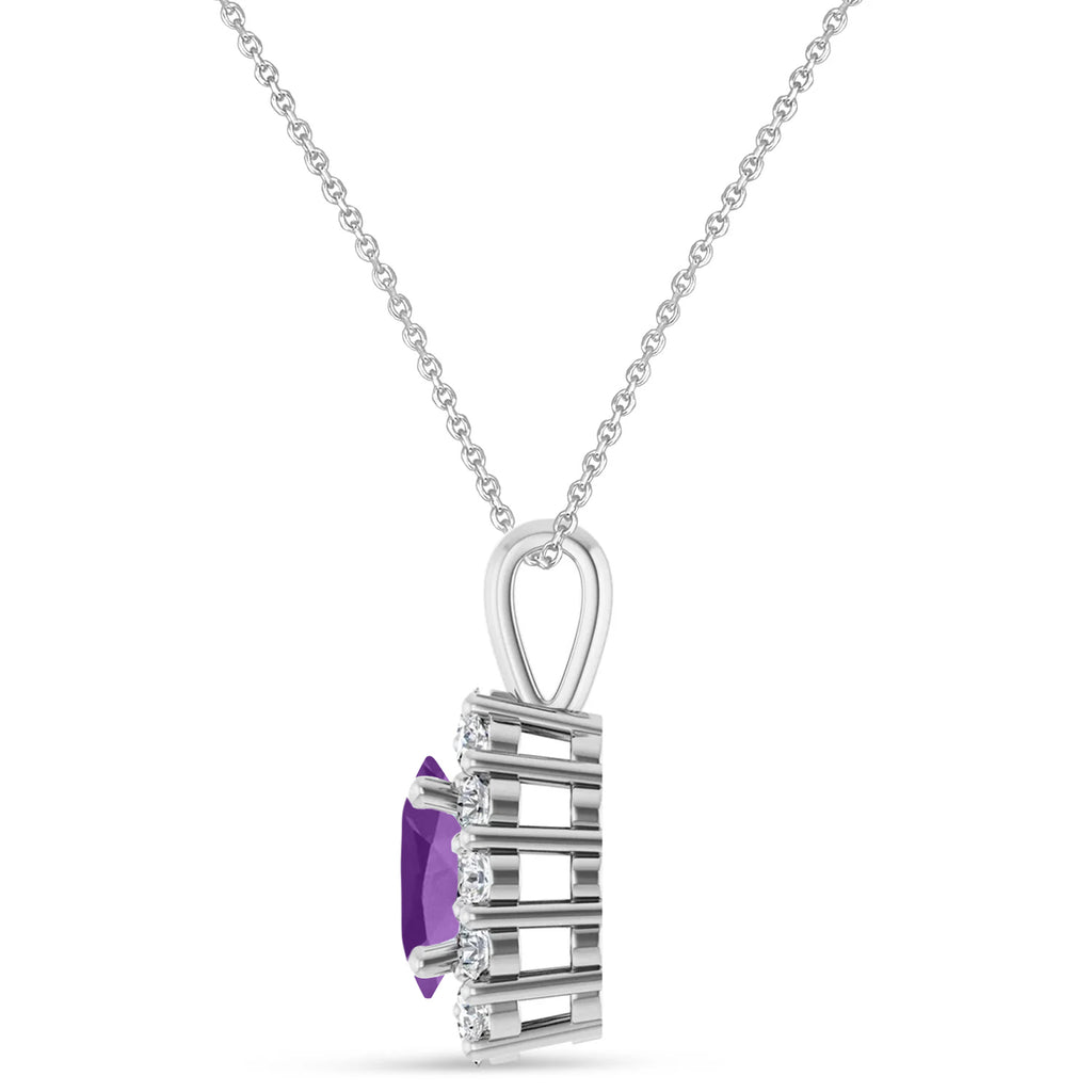 Oval Lab Amethyst & Diamond Halo Pendant 14K White Gold (1.12ct)