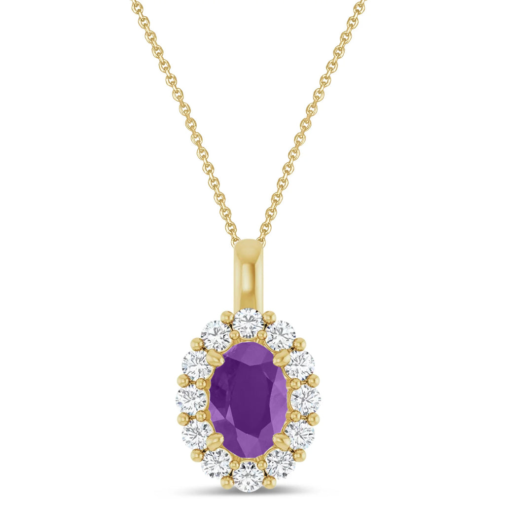 Oval Lab Amethyst & Diamond Halo Pendant 14K Yellow Gold (1.12ct)