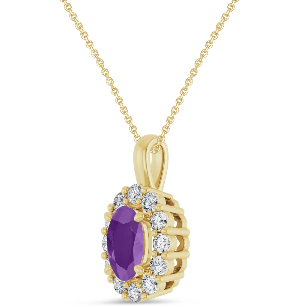 Oval Lab Amethyst & Diamond Halo Pendant 14K Yellow Gold (1.12ct)