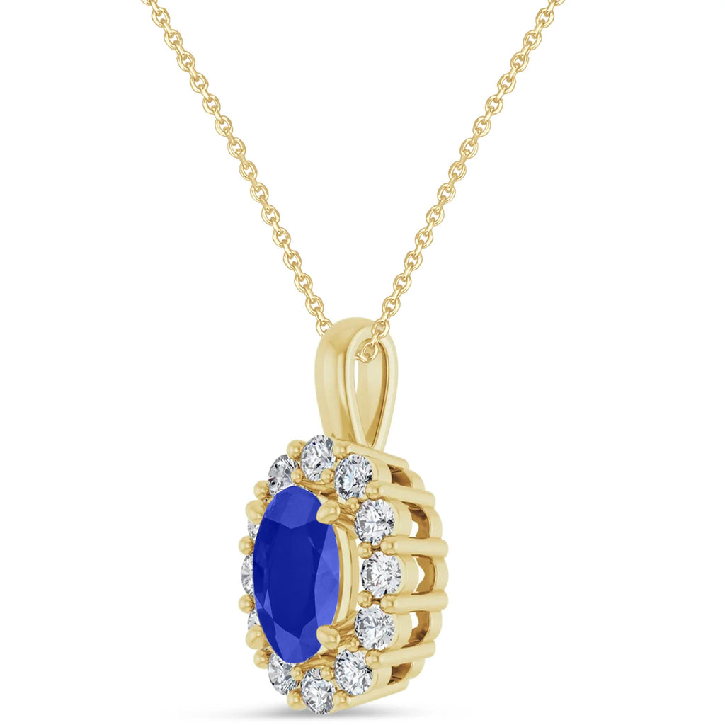 Oval Lab Blue Sapphire & Diamond Halo Pendant 14K Yellow Gold (1.42ct)