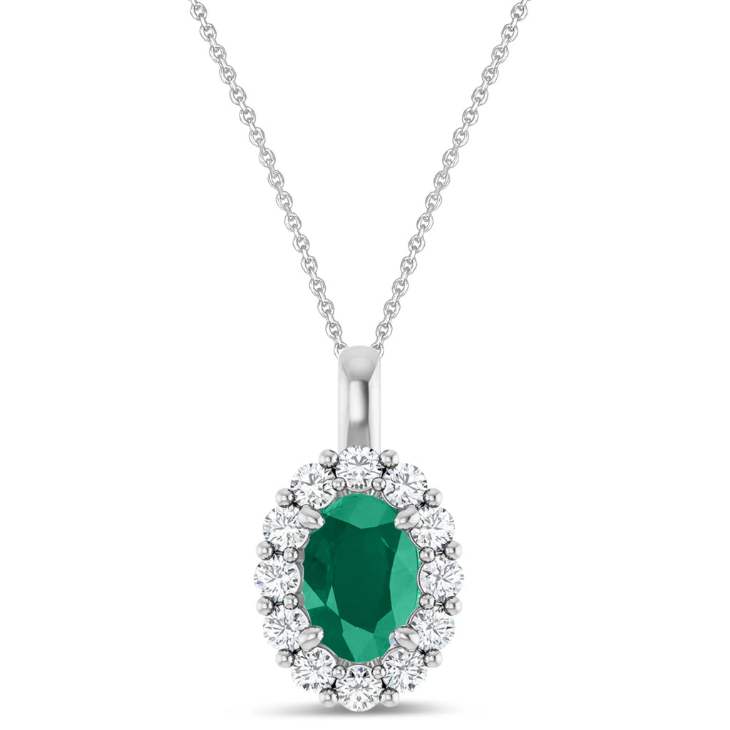 Oval Lab Emerald & Diamond Halo Pendant 14K White Gold (1.11ct)