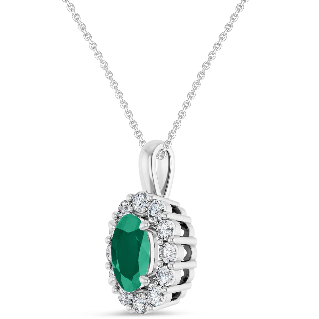 Oval Lab Emerald & Diamond Halo Pendant 14K White Gold (1.11ct)