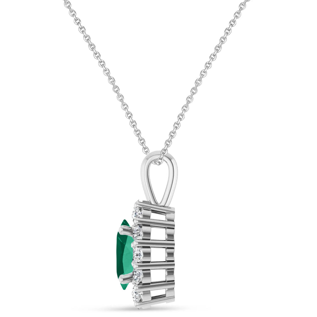 Oval Lab Emerald & Diamond Halo Pendant 14K White Gold (1.11ct)