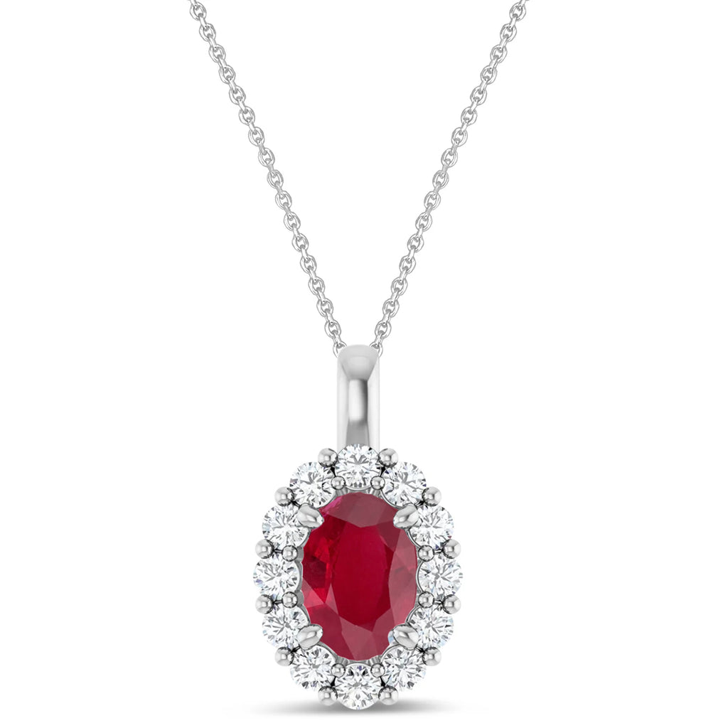 Oval Lab Ruby & Diamond Halo Pendant 14K White Gold (1.42ct)