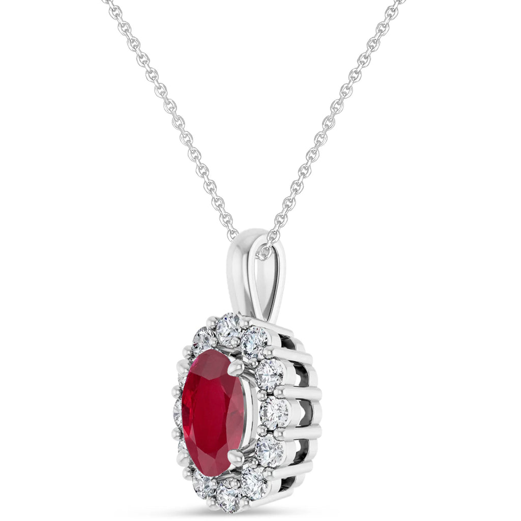 Oval Lab Ruby & Diamond Halo Pendant 14K White Gold (1.42ct)